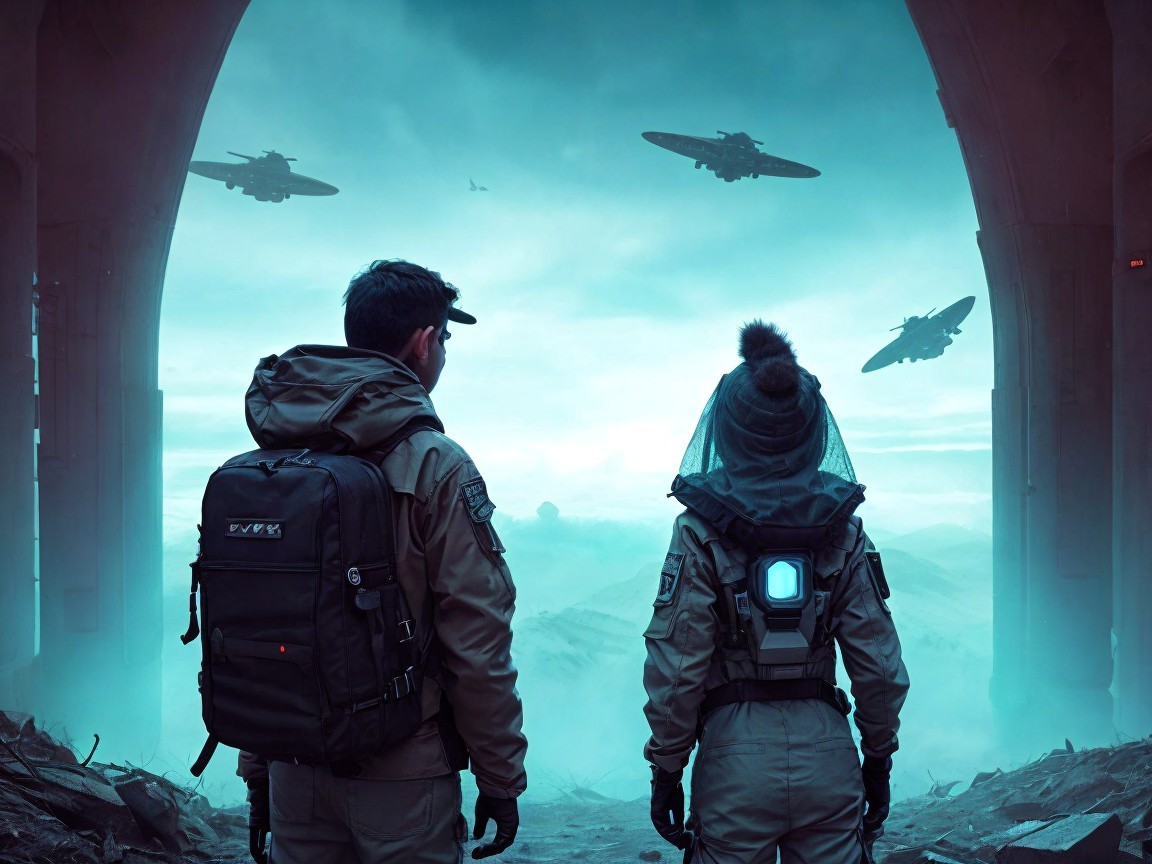 Futuristic Explorers at Grand Arch in Eerie Landscape