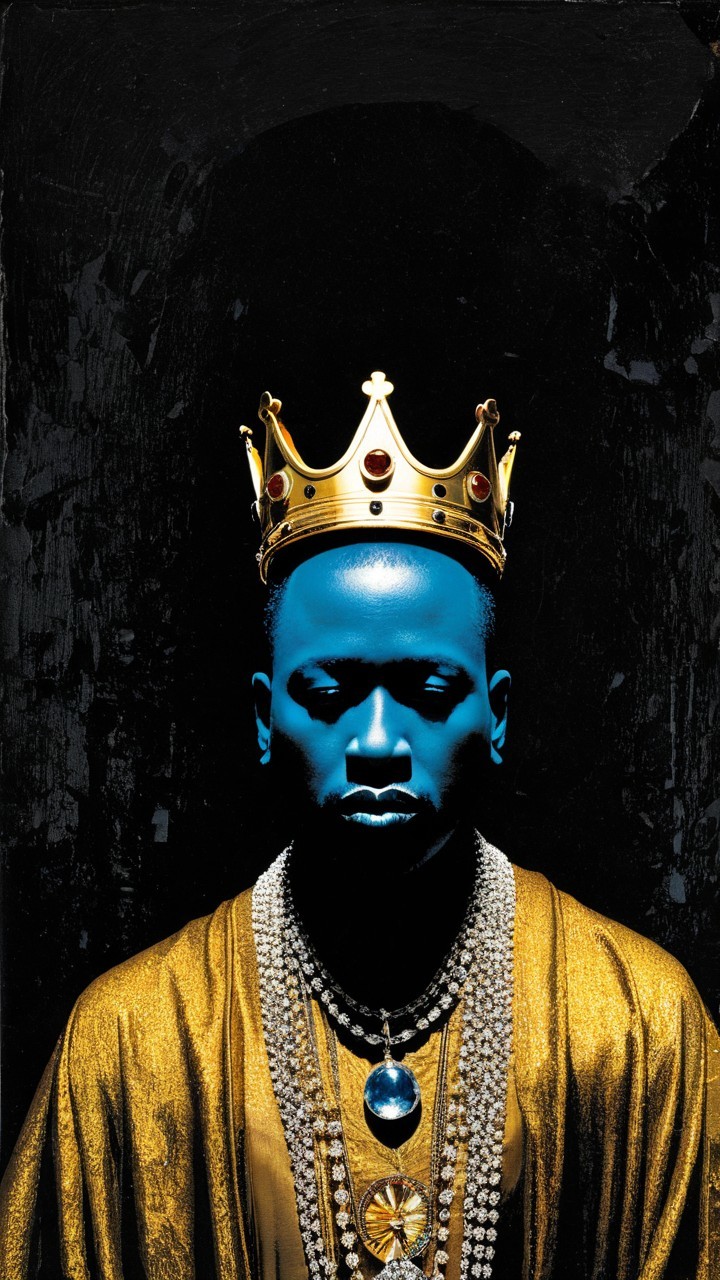 Opulent figure in golden crown and blue face paint