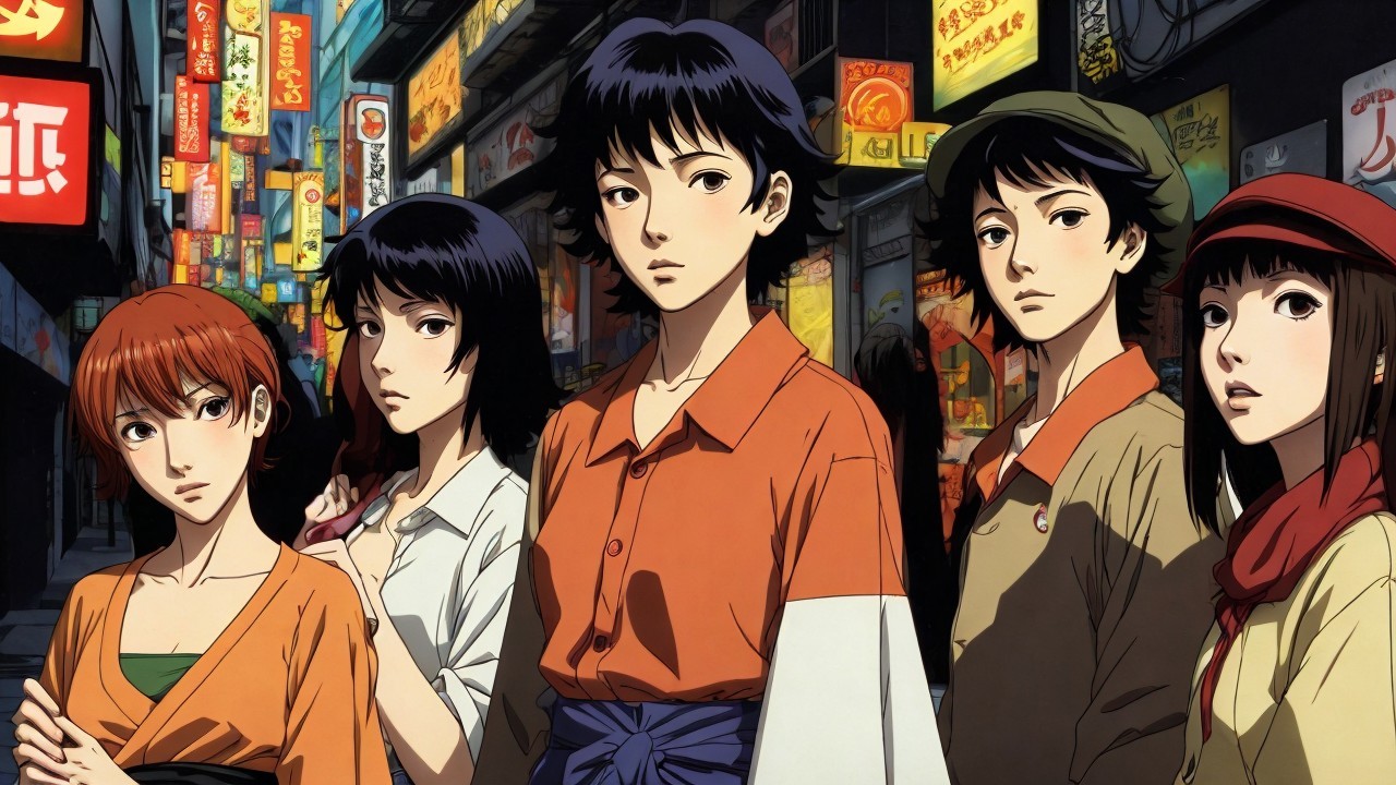 Group of Young Adults in Vibrant City Street Scene