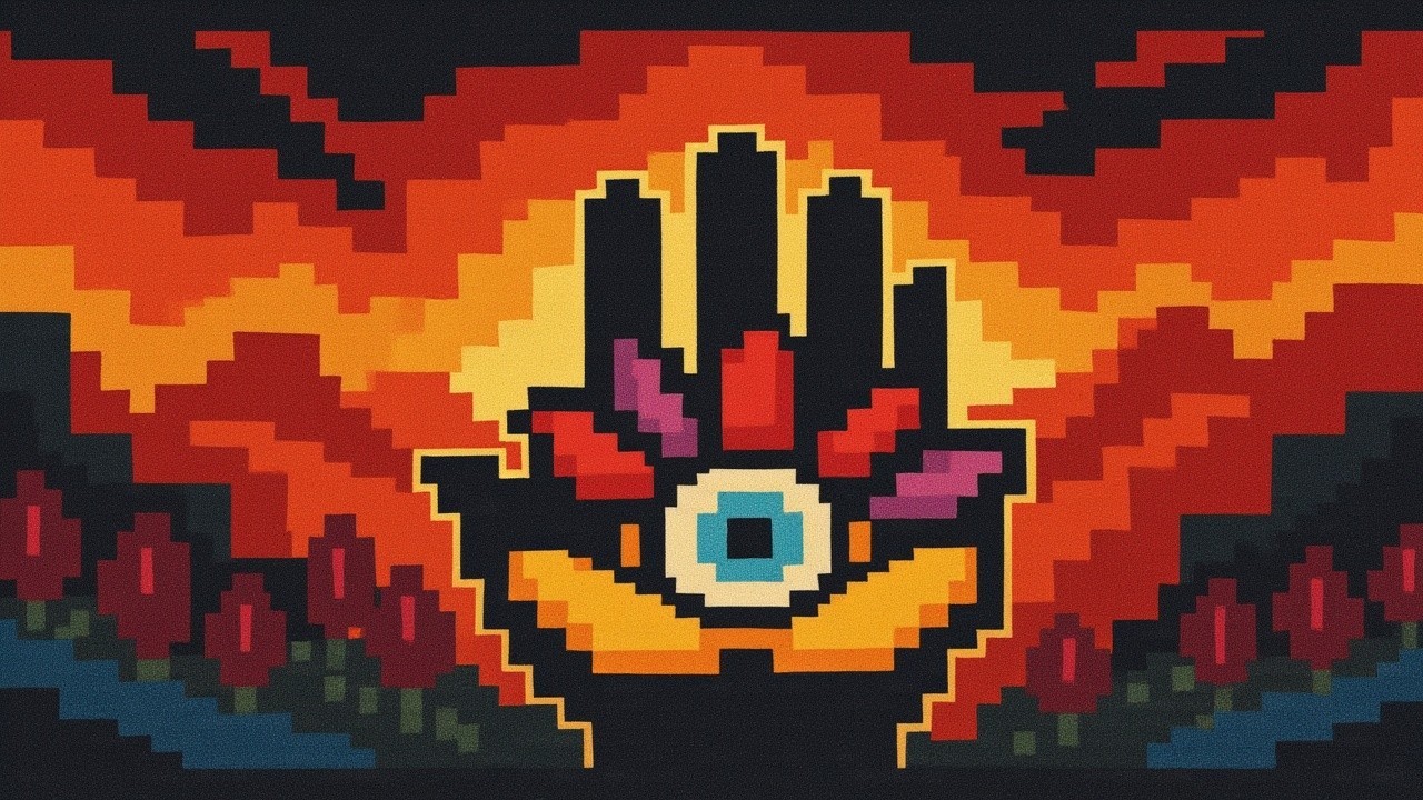 Pixel-Art Hand with Flowers and Eye on Sunset Background