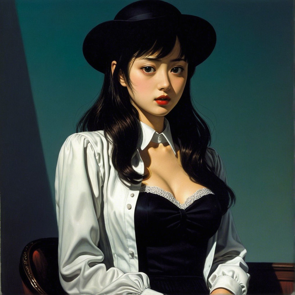 Elegant young woman in black hat and lace dress