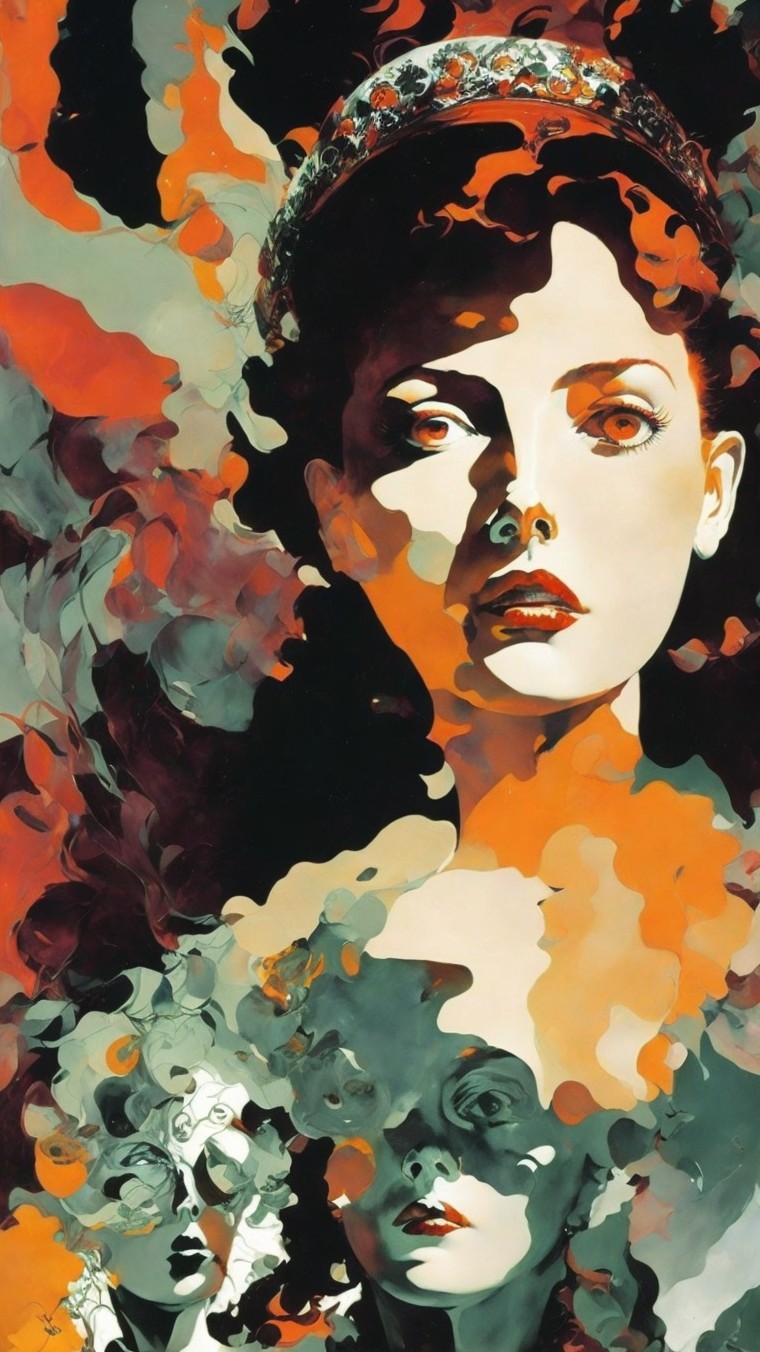 Surreal Composition of Faces in Orange and Green Hues