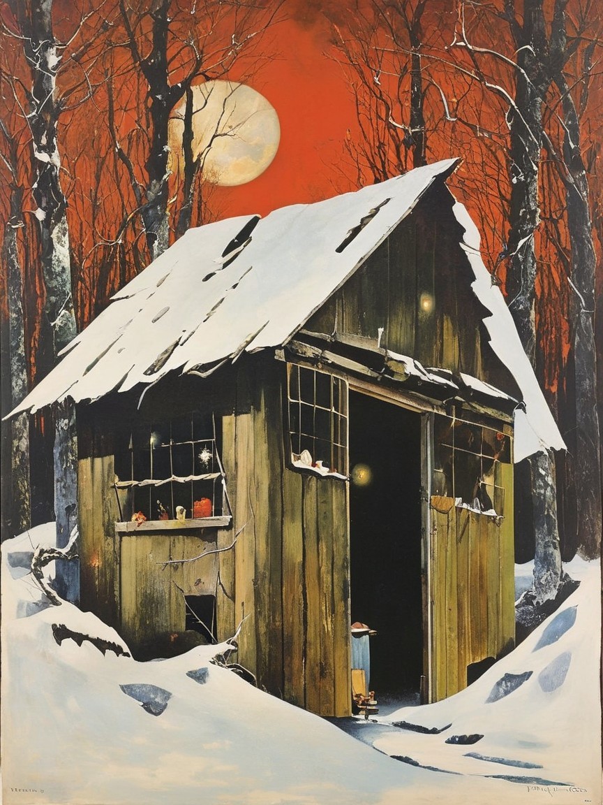 Snow-Covered Wooden Cabin in a Forest at Night