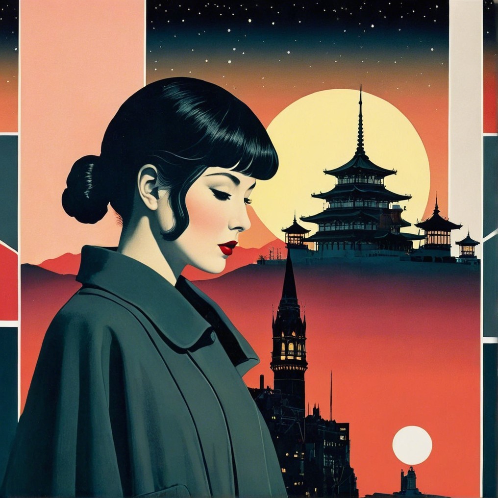 Stylized Female Figure Against Sunset and Moon Backdrop