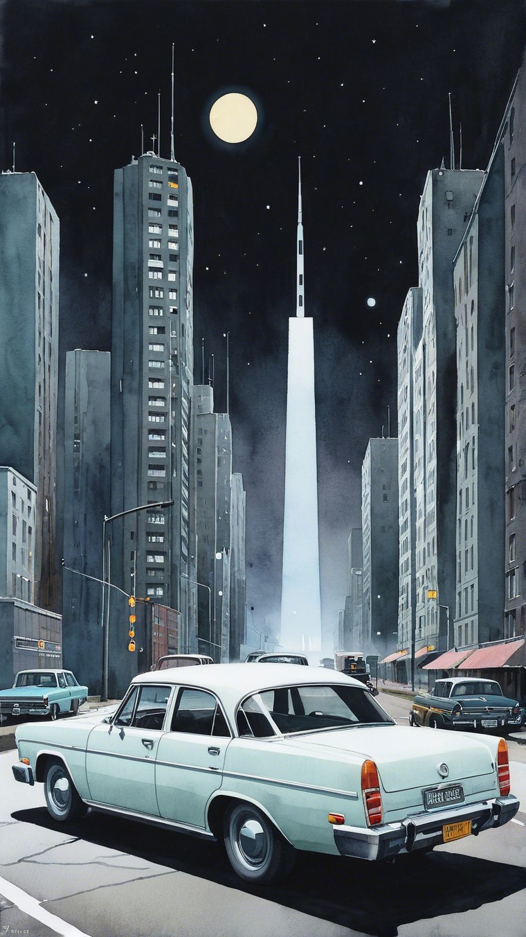 Retro Sedan in Vibrant Cityscape at Night