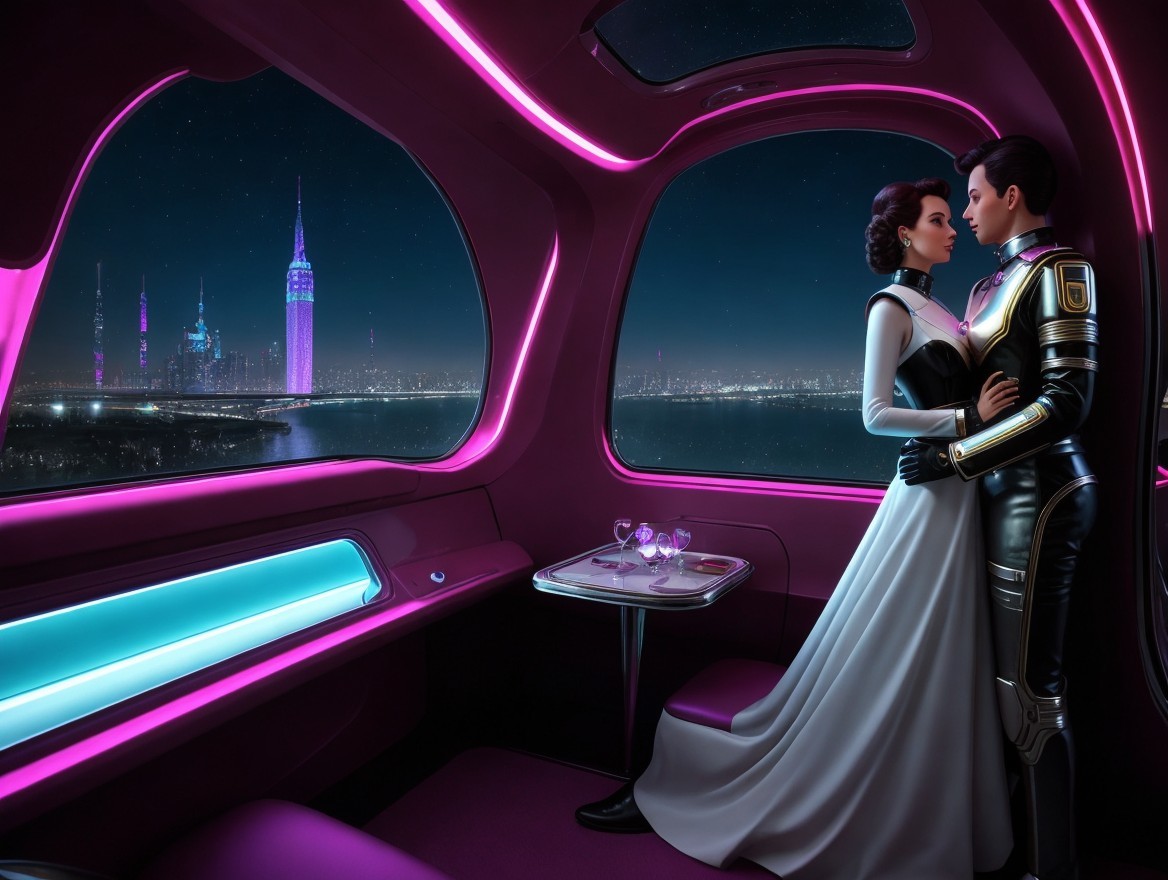 Futuristic Dining Pod with City Skyline at Night