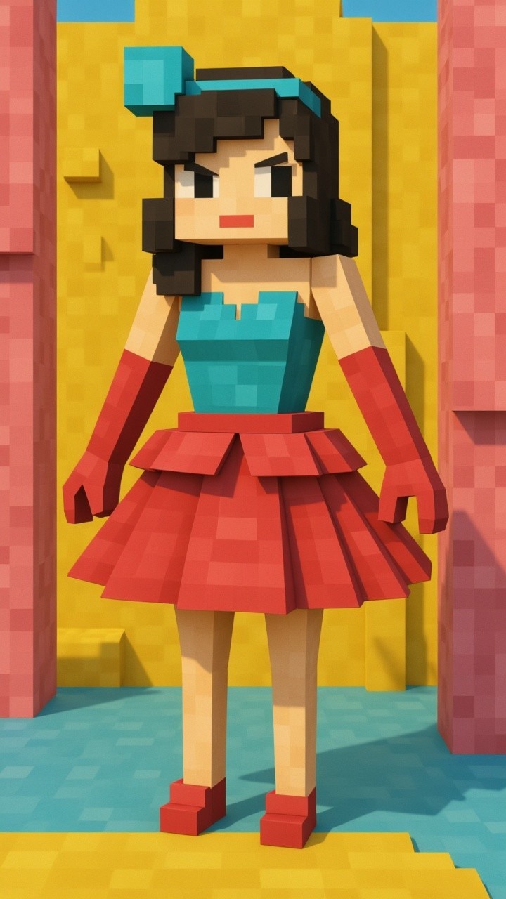 Pixelated Female Character in Retro Cartoon Style