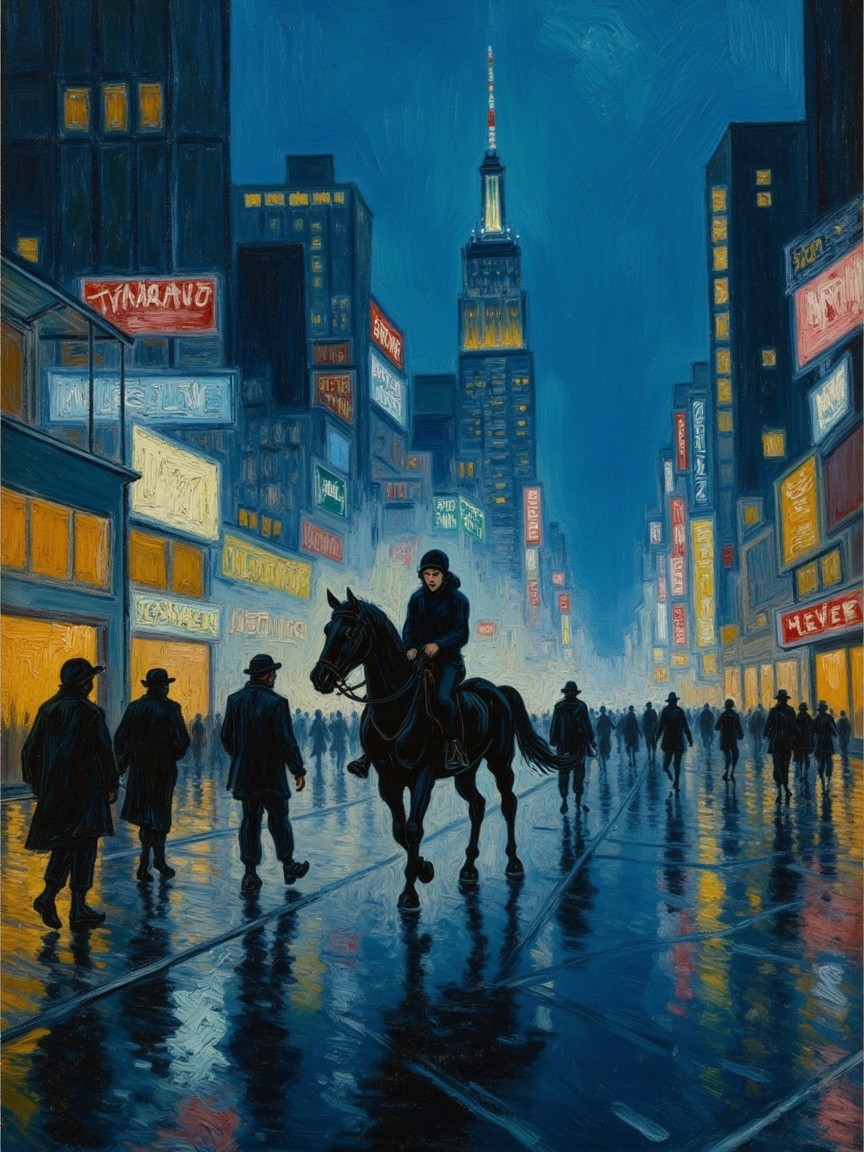 Vibrant Evening City Scene with Neon Lights and Rain