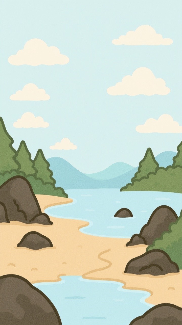 Serene Landscape with River, Trees, and Mountains