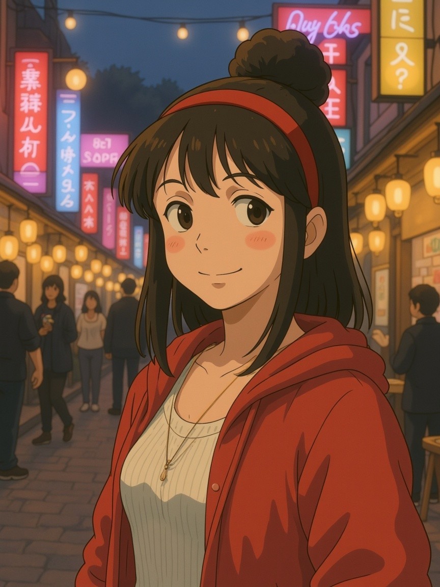 Anime-Style Digital Painting of Woman in Night Scene