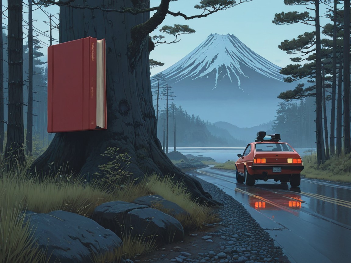 Mount Fuji Landscape with Vintage Car and Red Book
