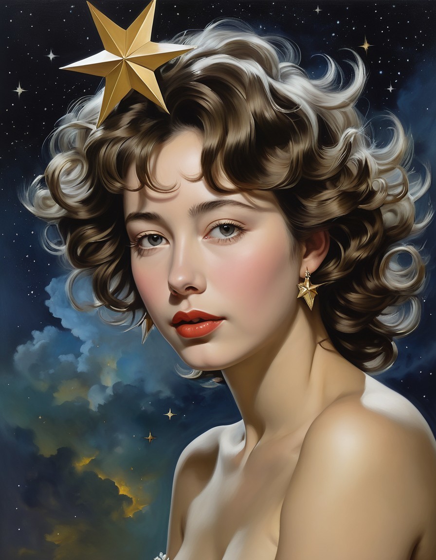 Young woman with curly hair in cosmic setting