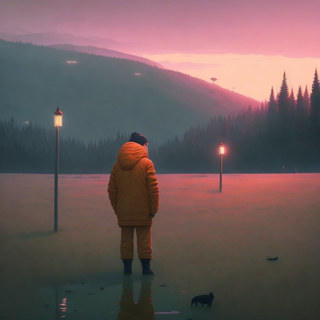 Foggy Field with Person in Bright Orange Winter Outfit