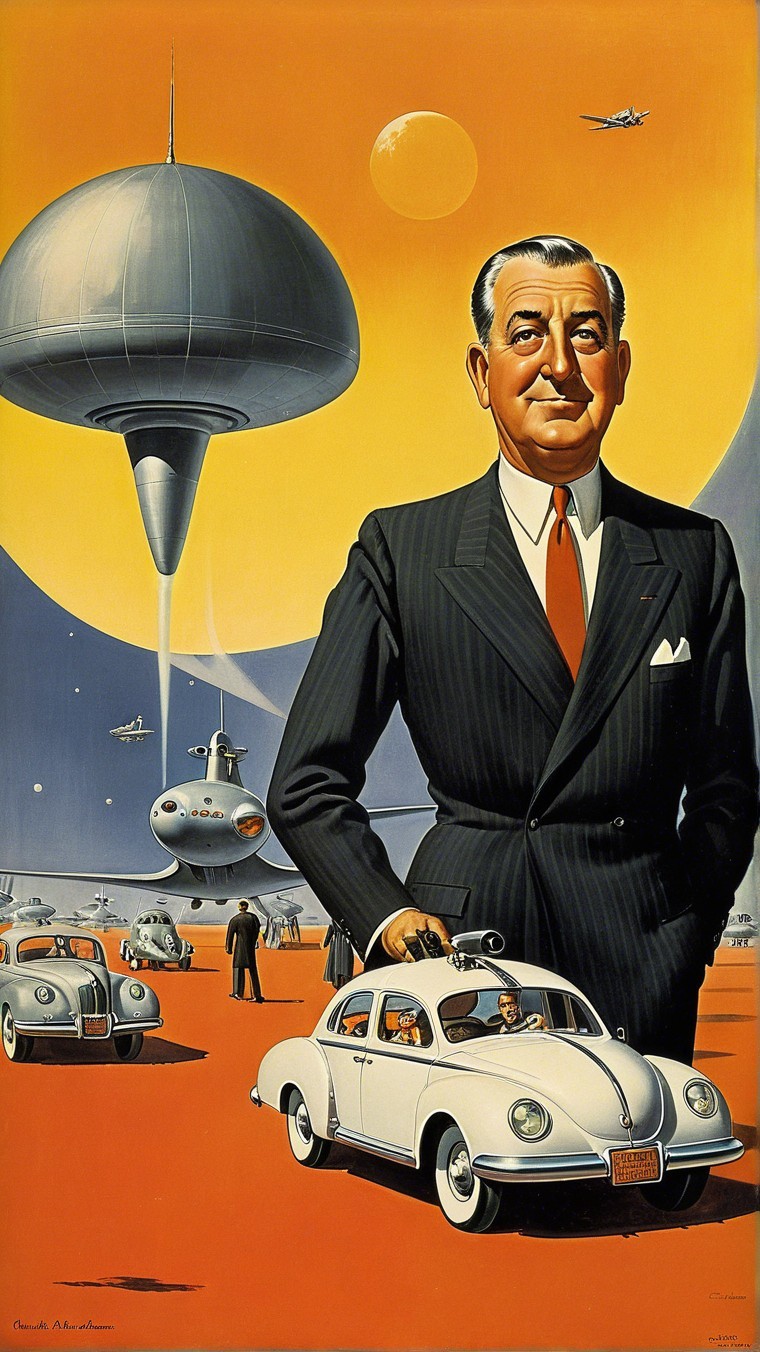Retro-futuristic scene with classic car and flying crafts