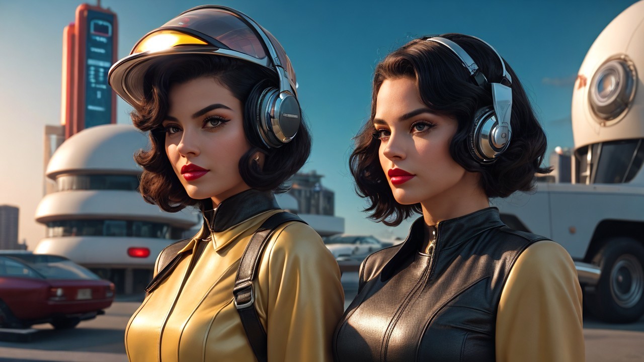 Young women in retro-futuristic outfits with cityscape