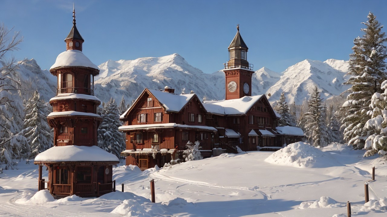 Snow-Covered Lodge in Winter Mountain Landscape