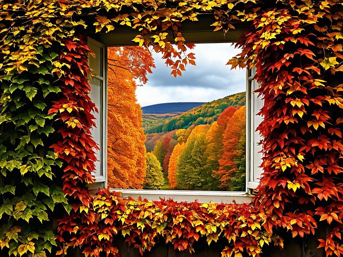 Autumn Window Frame with Scenic Fall Landscape View