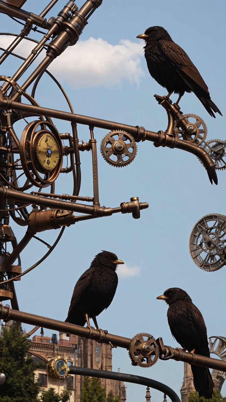 Stylized Black Birds on Mechanical Gears in Steampunk Art