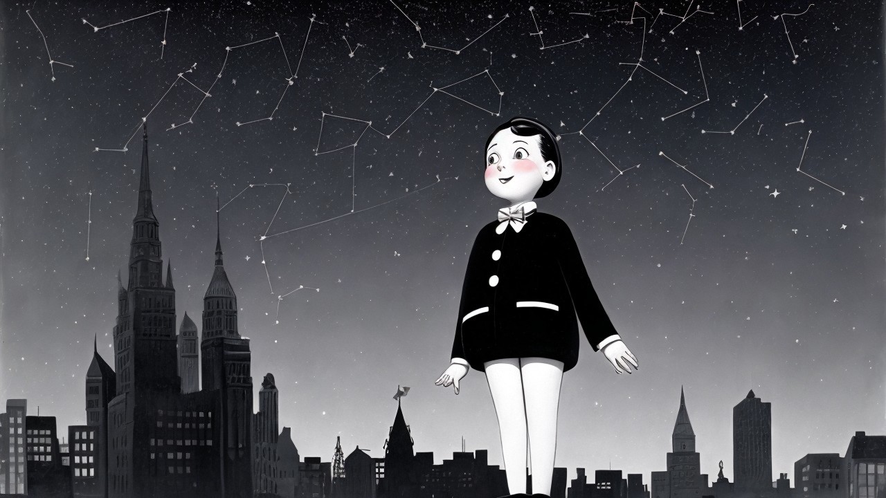 Whimsical Black-and-White Cityscape Illustration