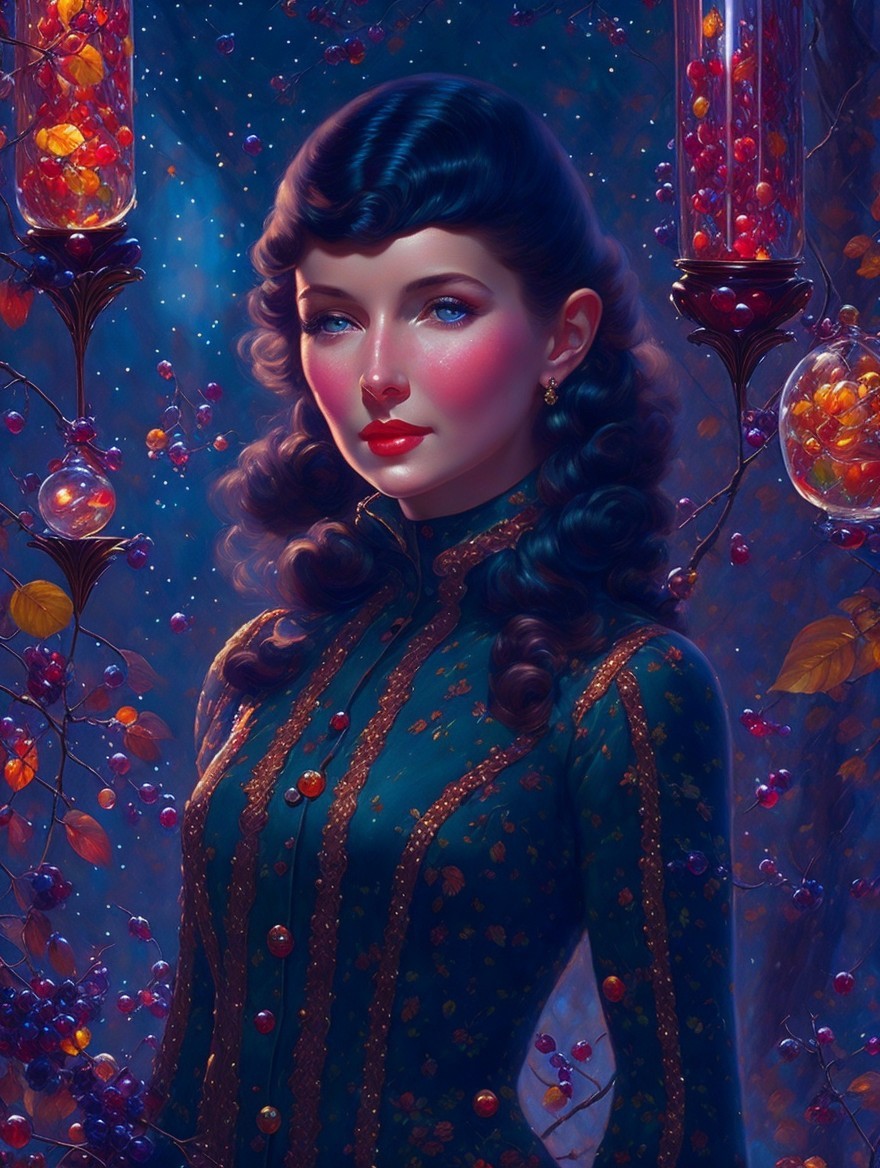 Woman in Dark Green Dress Against Mystical Background