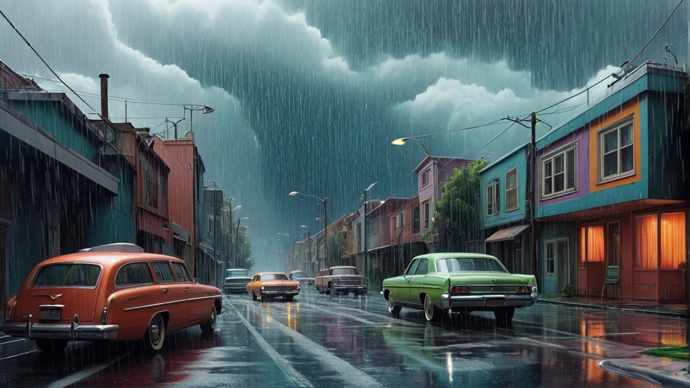 Nostalgic Rainy Street Scene with Vintage Cars