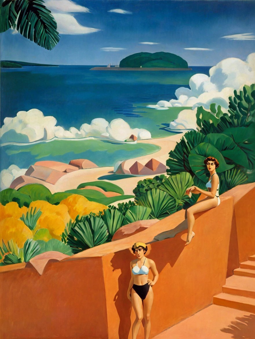 Stylish Women in Swimsuits by Coastal Landscape