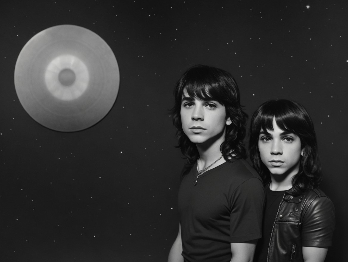 Boys Against Starry Backdrop with Surreal Disk Element