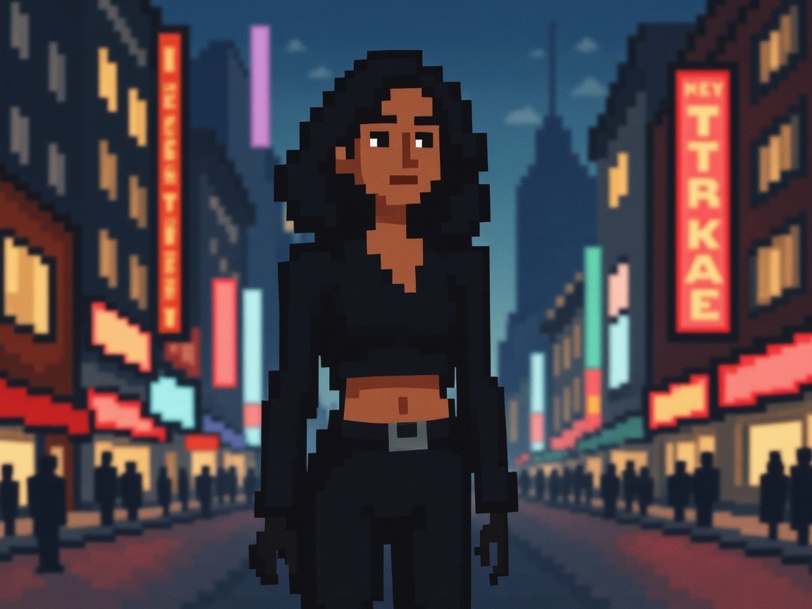 Pixel Art of Young Woman in Neon City at Night
