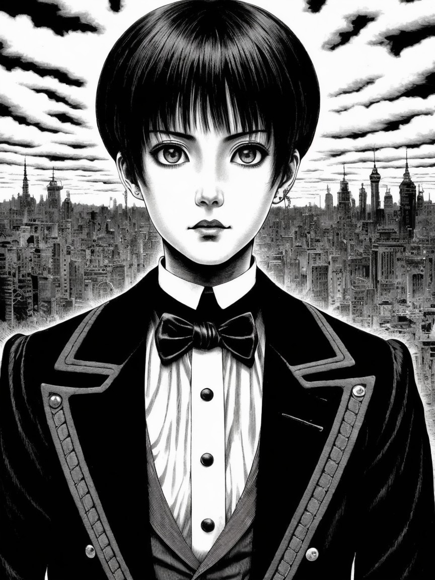 Young Person in Formal Suit Against Urban Skyline