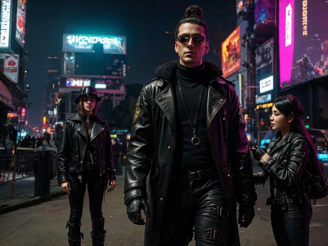 Neon-Lit Urban Scene with Stylish Figures in Bold Attire