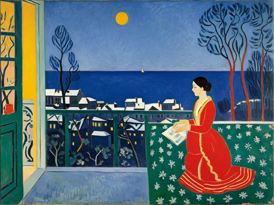 Serene Night Scene with Woman in Red Dress