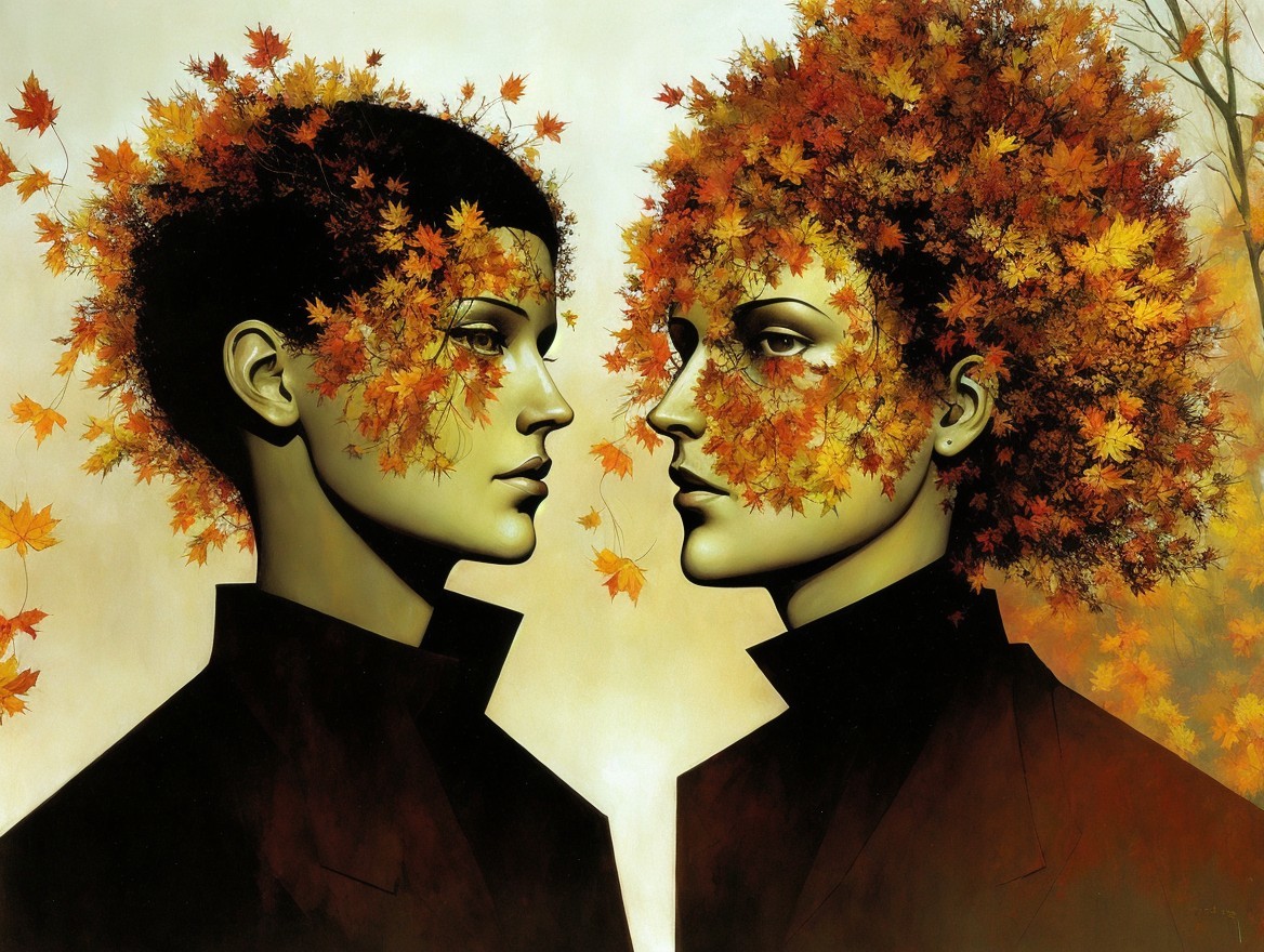 Stylized Figures with Autumn Leaves in Surreal Setting