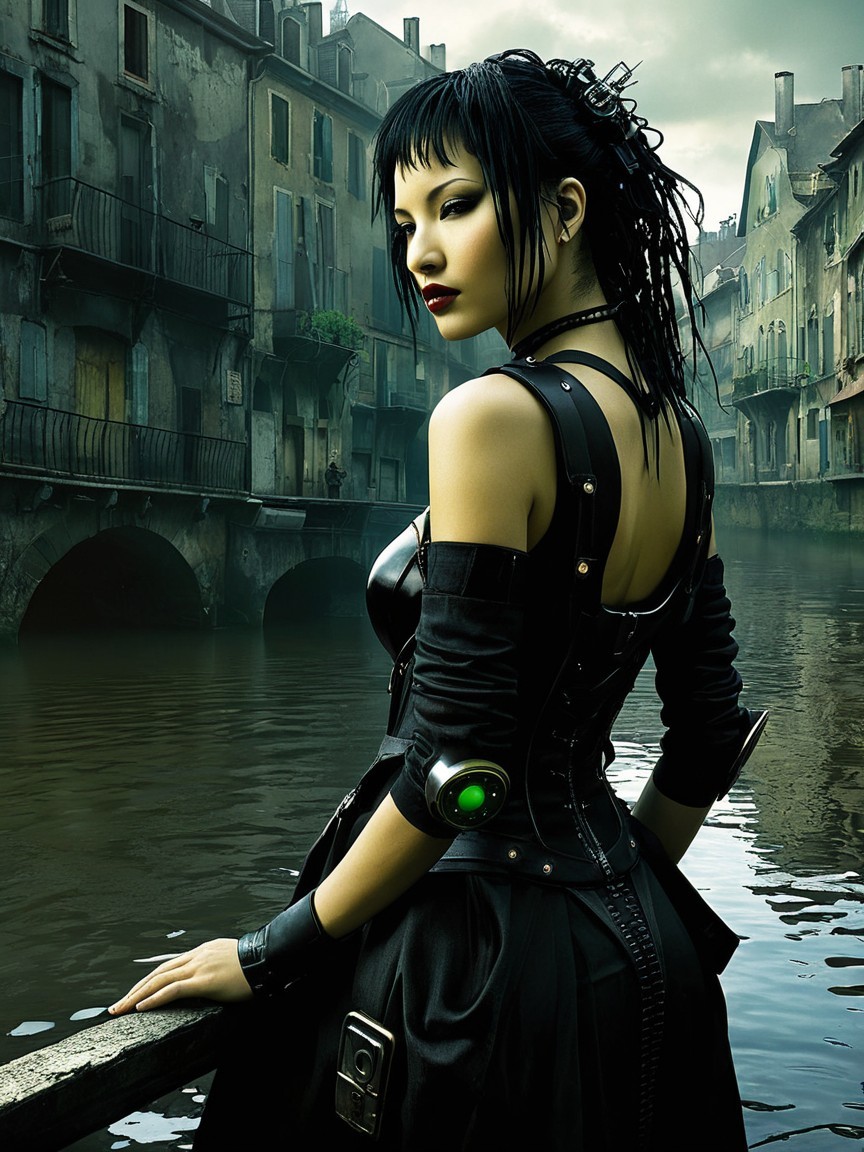 Woman in Gothic Setting by Tranquil Canal