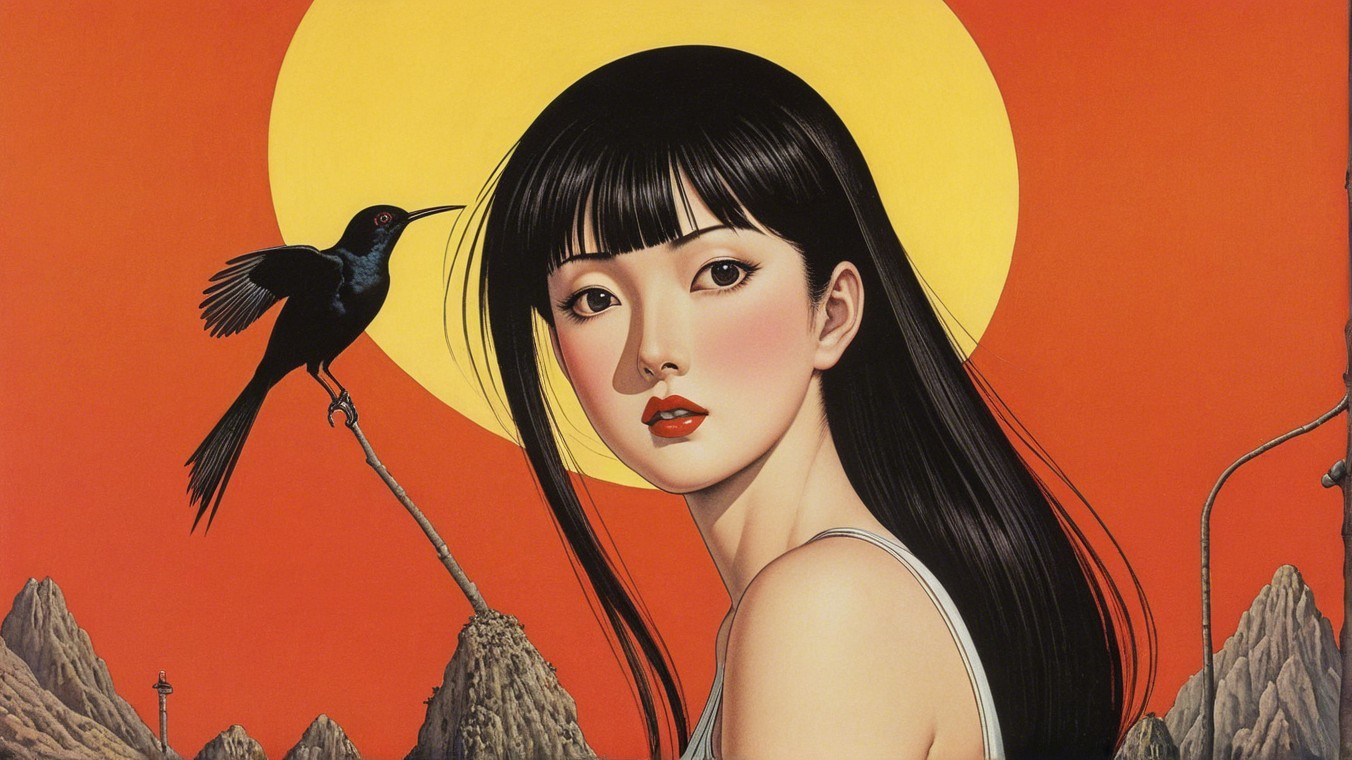 Female Figure with Dark Hair Against Orange Background