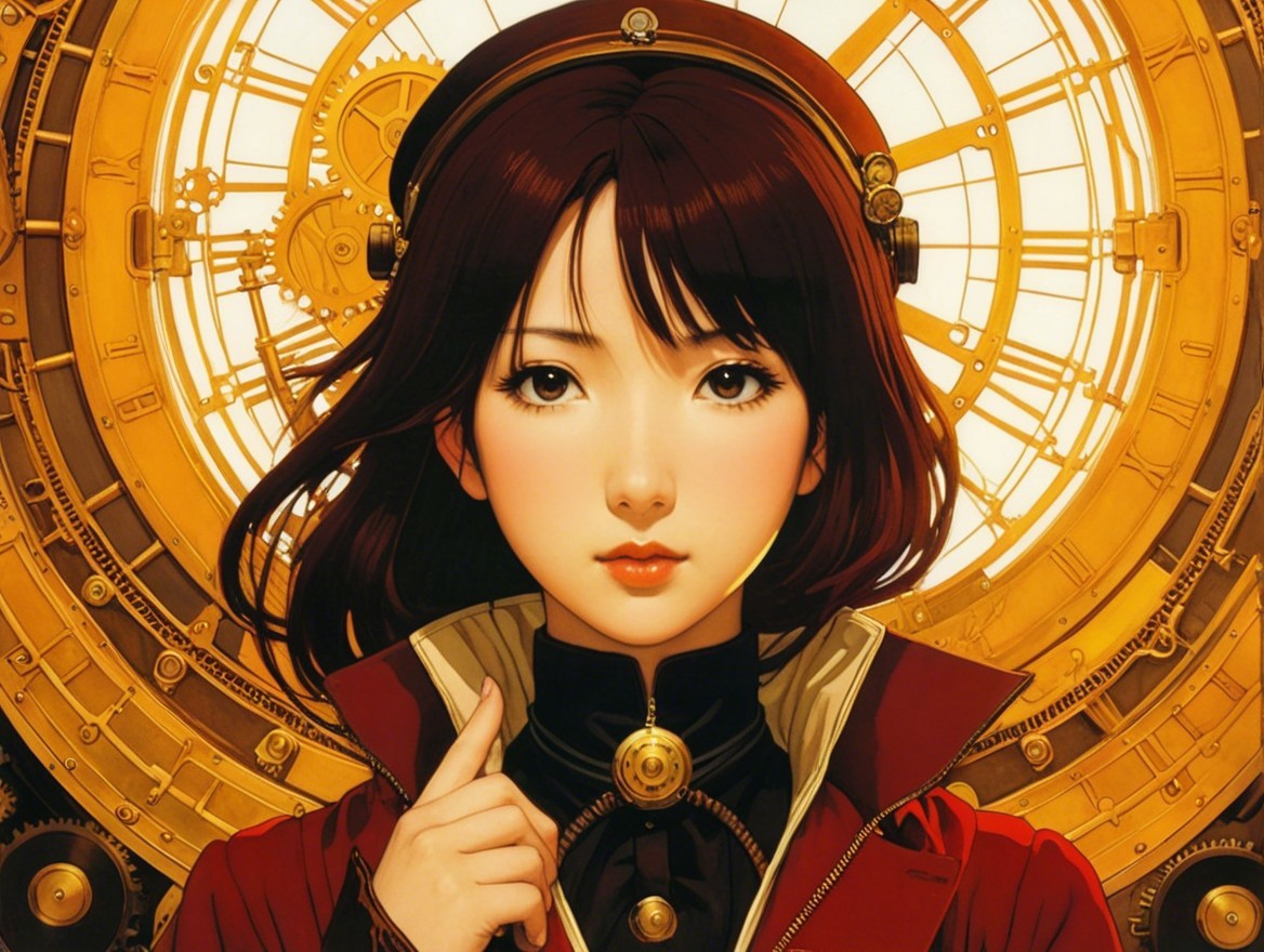 Young woman in red coat with steampunk backdrop