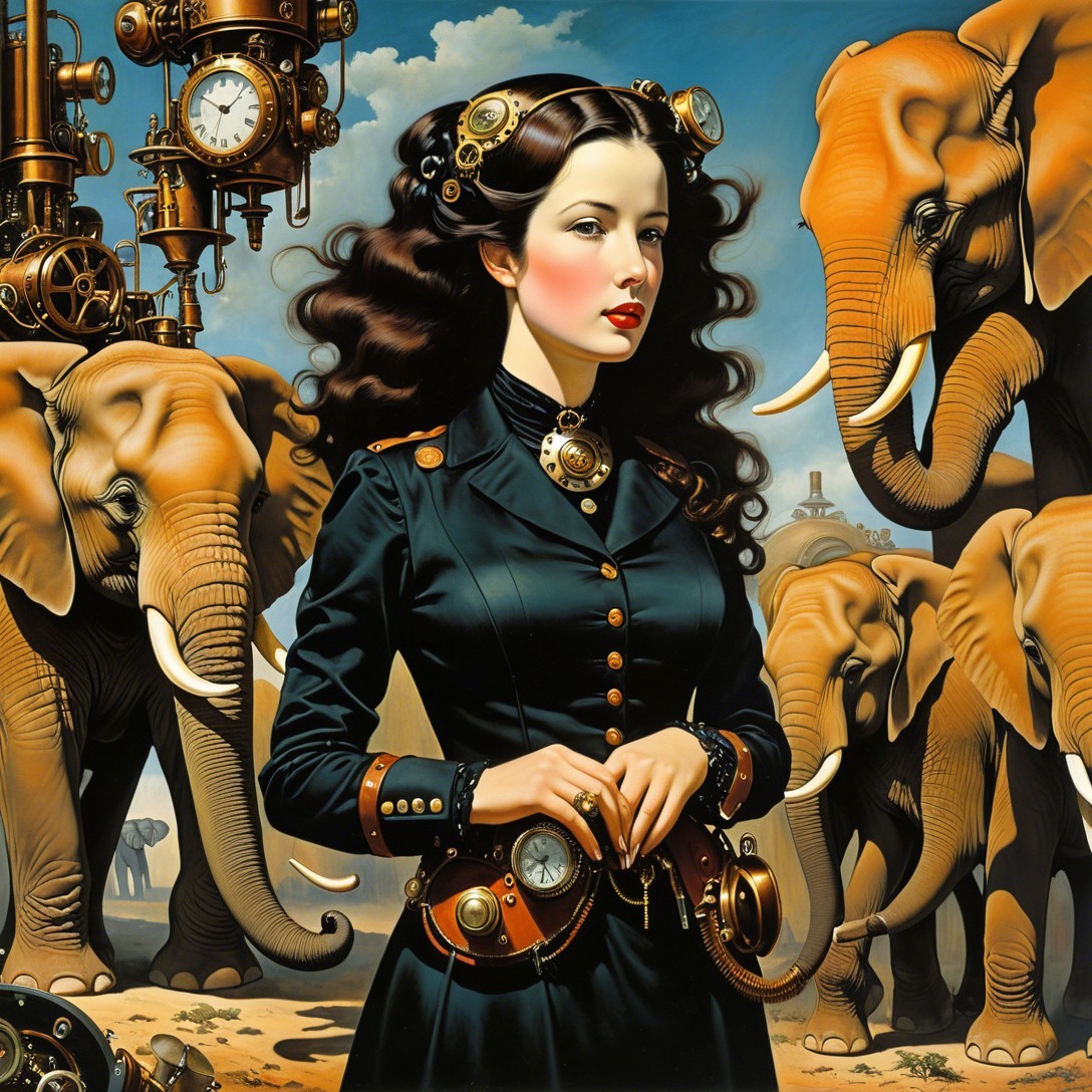 Steampunk Oil Painting of Woman in Desert with Elephants