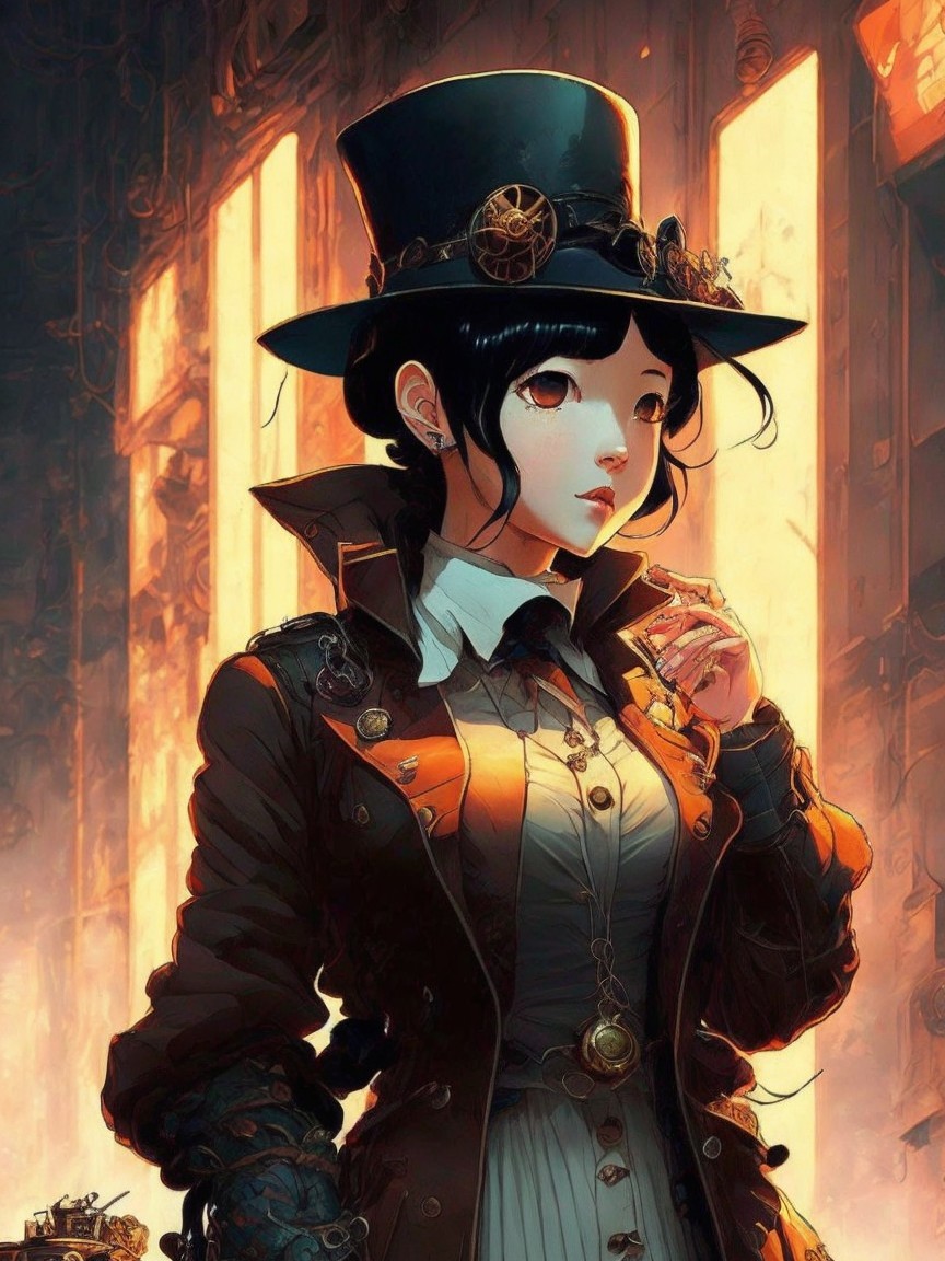 Young Woman in Intricate Steampunk Outfit and Setting