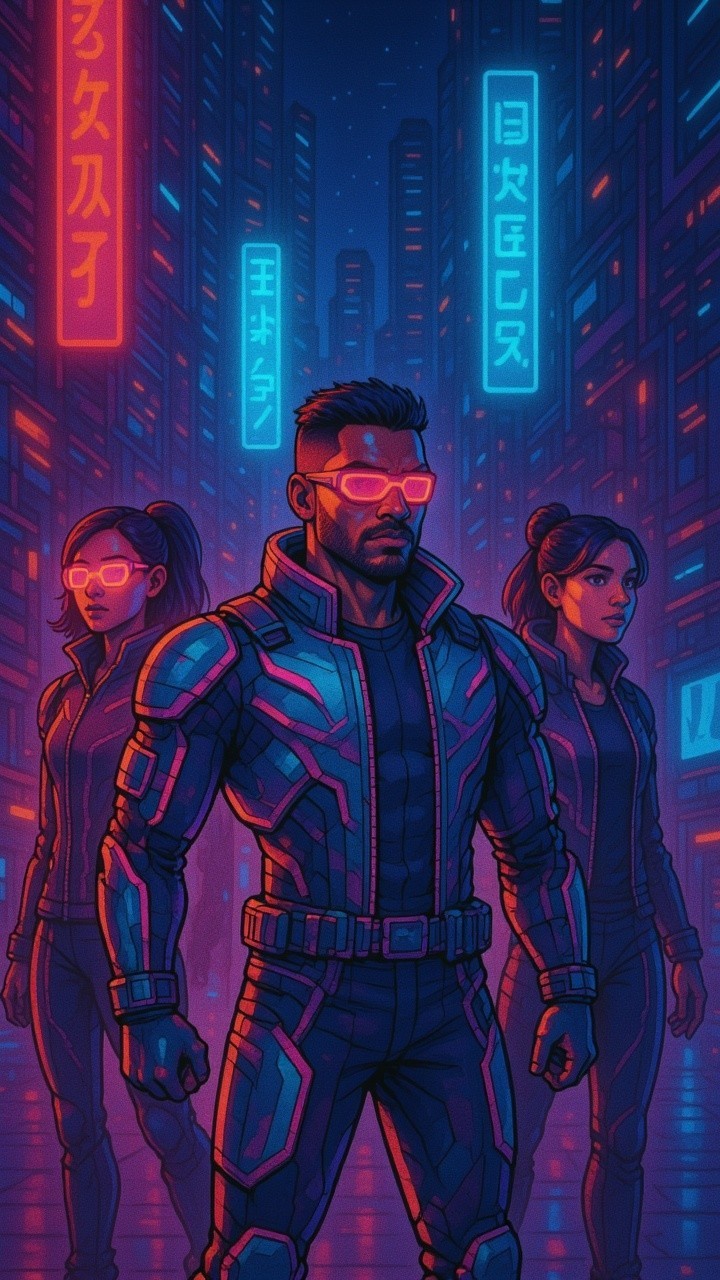 Cyberpunk Cityscape with Futuristic Figures and Neon Lights