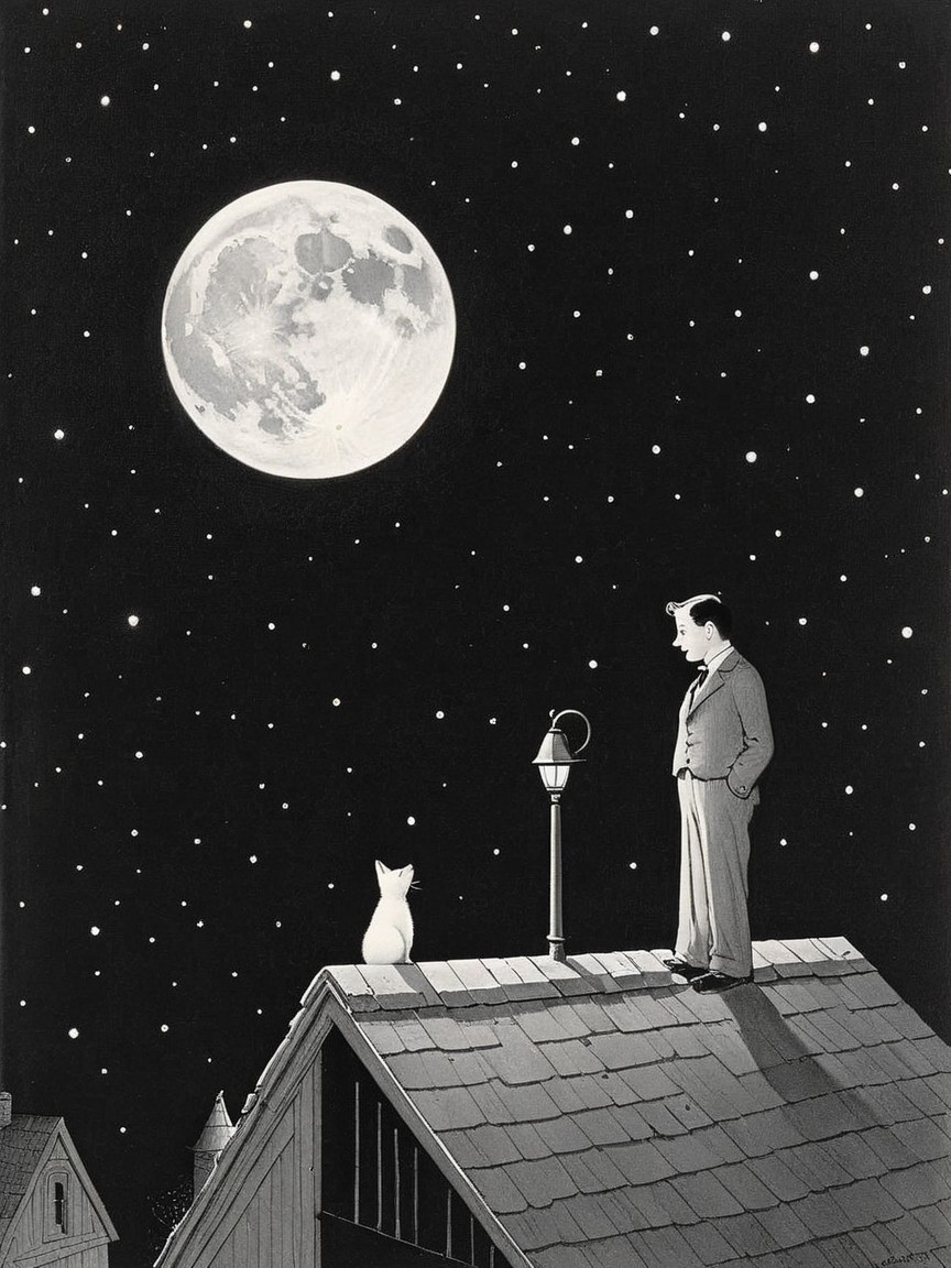 Man and Cat on Roof Under Full Moon and Stars