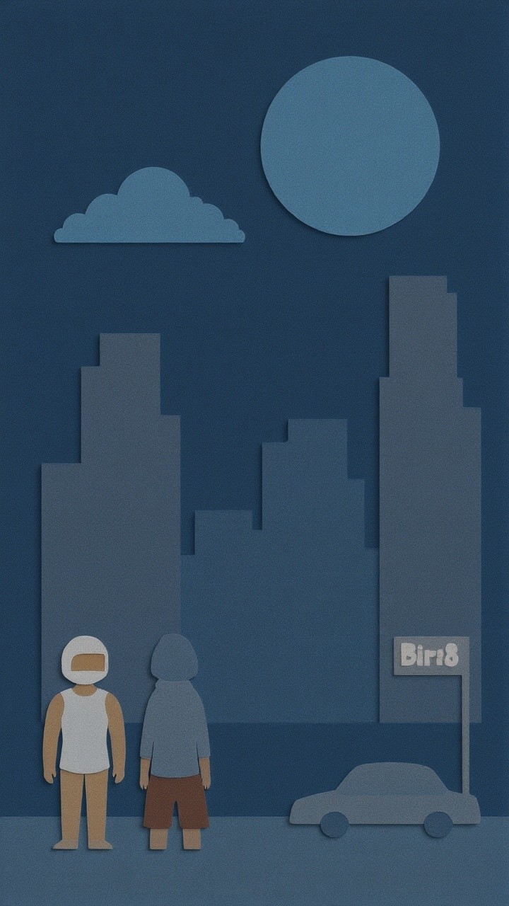 Stylized Paper Cutout of Figures with City Skyline