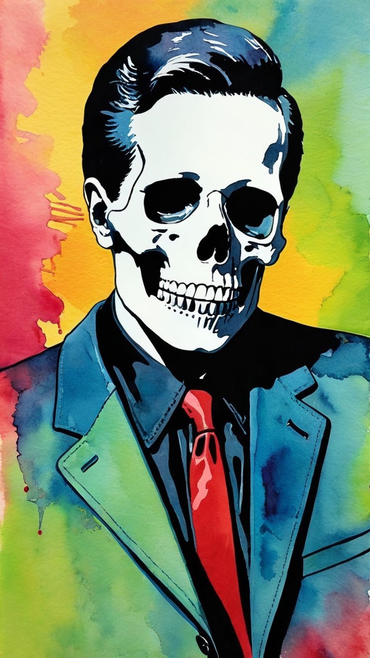 Watercolor Portrait of Man with Skull Face and Suit