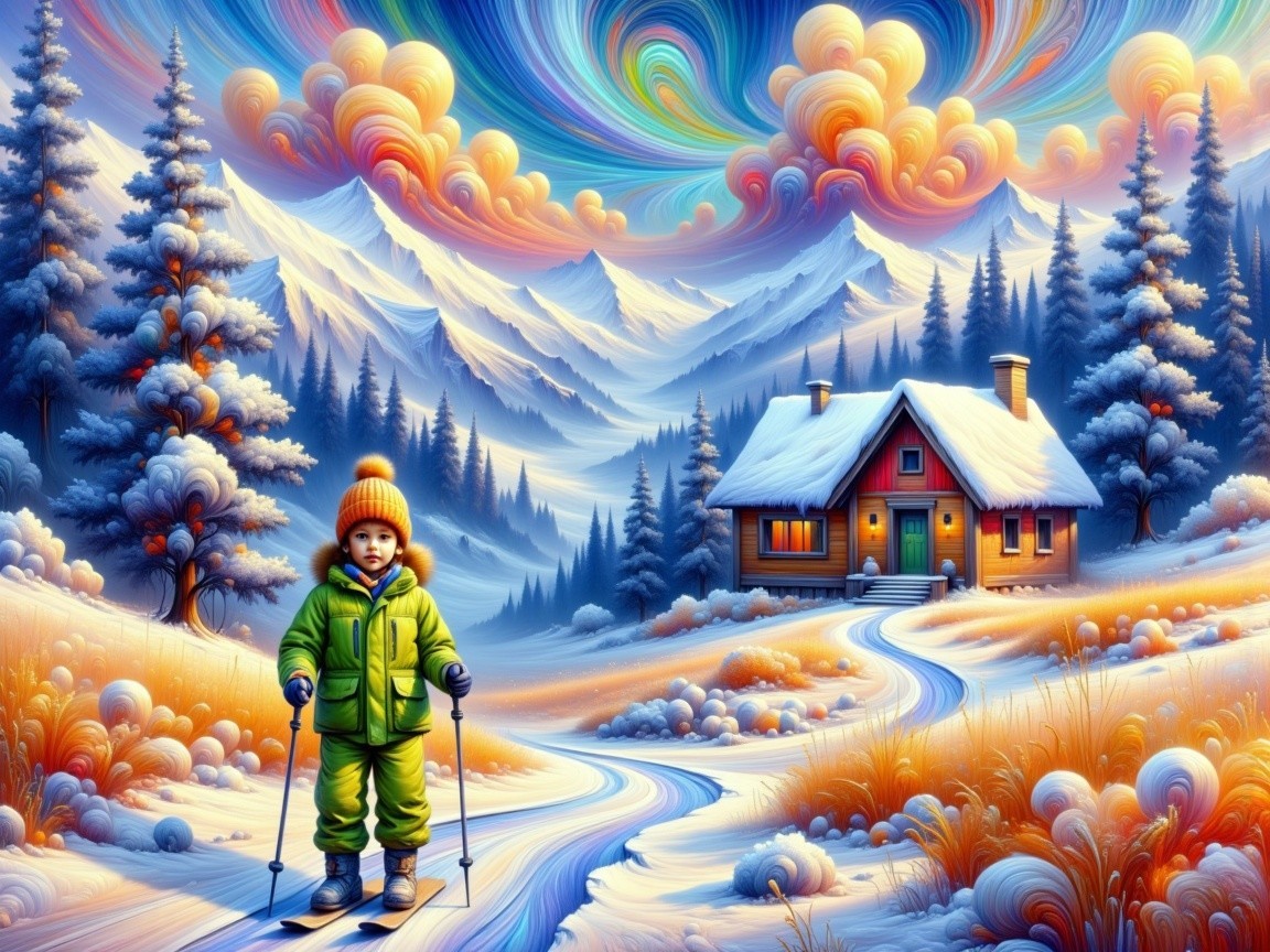 Whimsical Winter Landscape with Child Skiing and Cabin