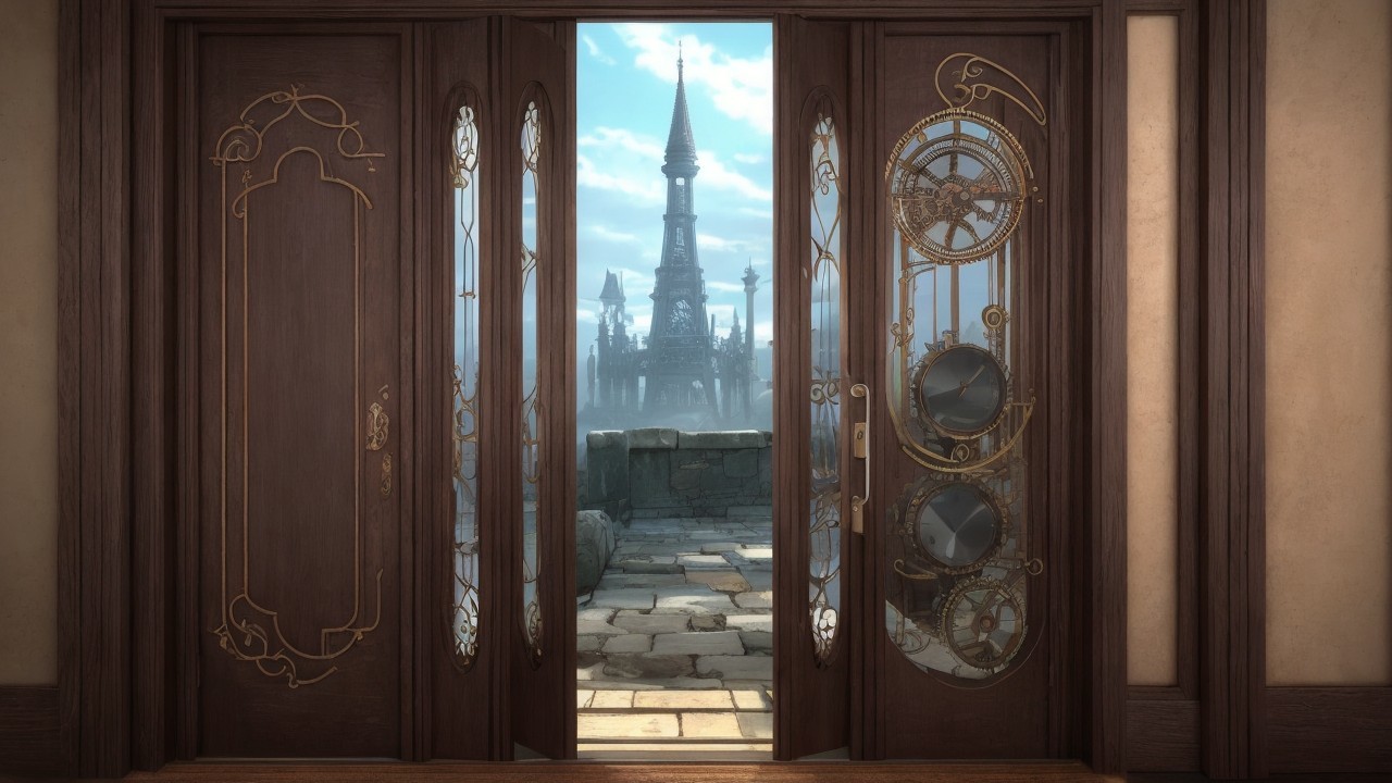 Wooden Door Revealing Ornate Castle View and Clouds