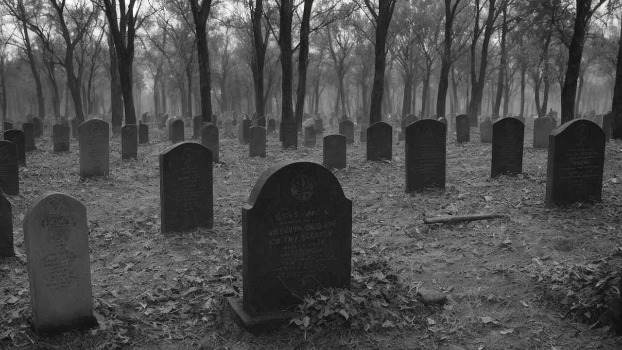 Misty Cemetery with Weathered Gravestones and Trees