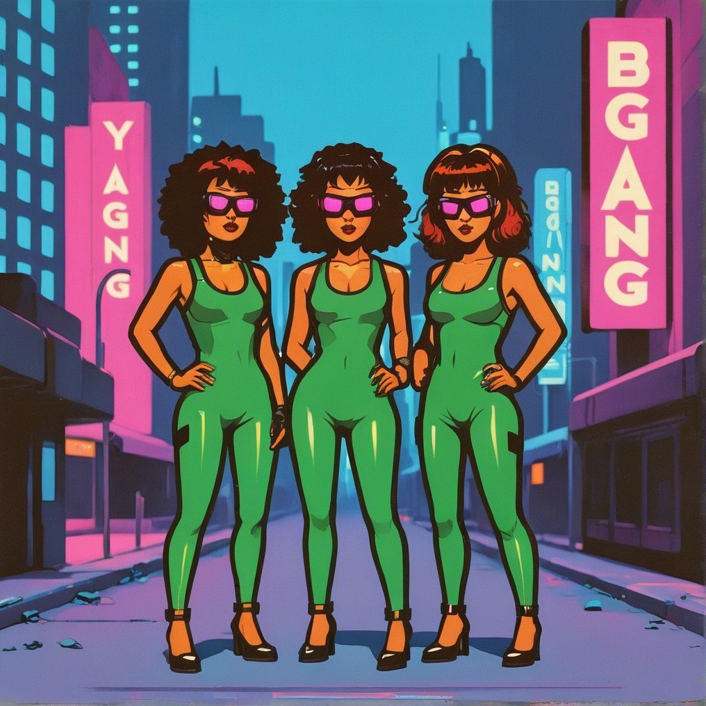 Stylish Cartoon Women in Green Bodysuits with Urban Backdrop
