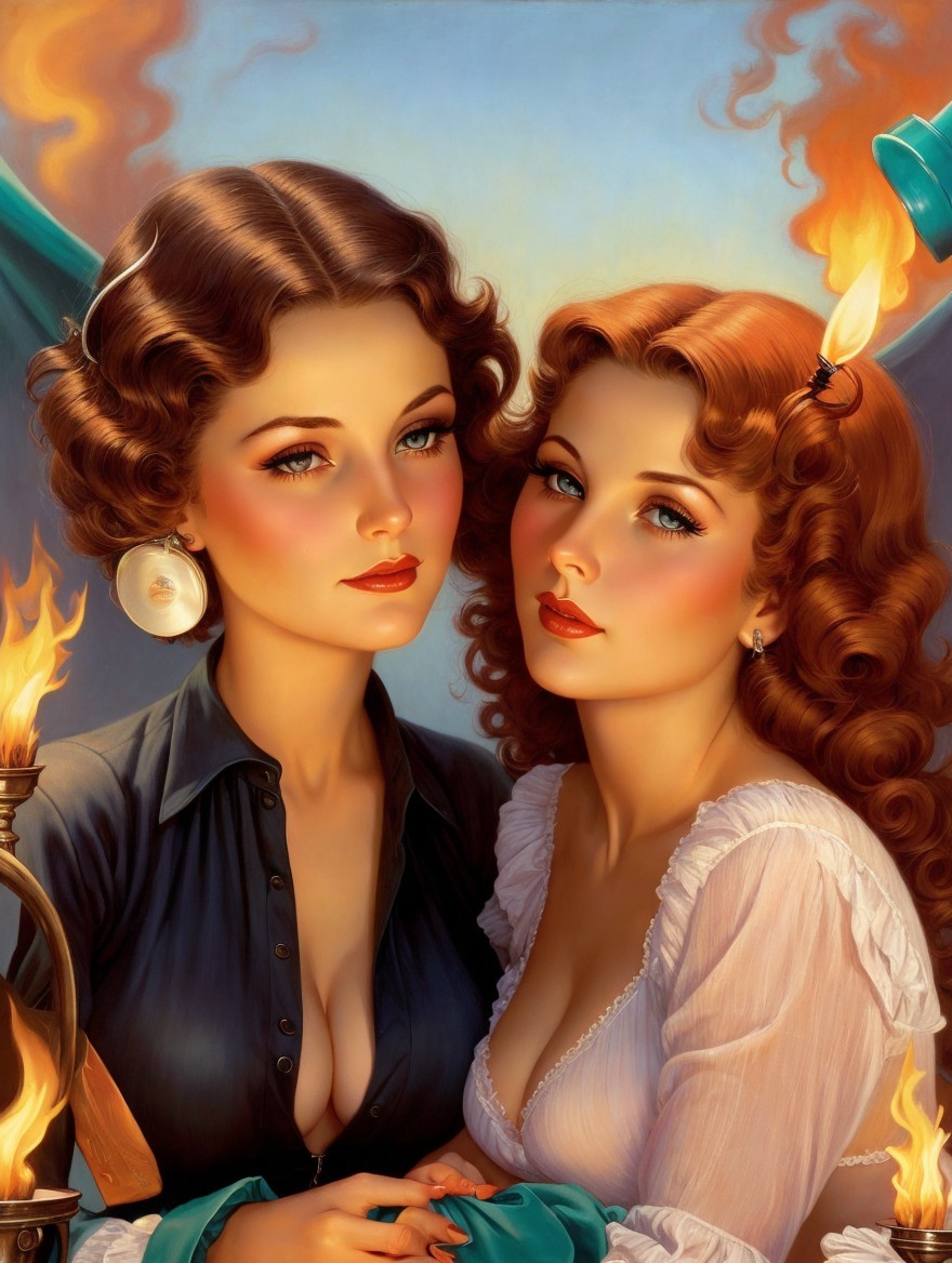 Vintage Pin-Up Women with Glamorous Hairstyles and Flames