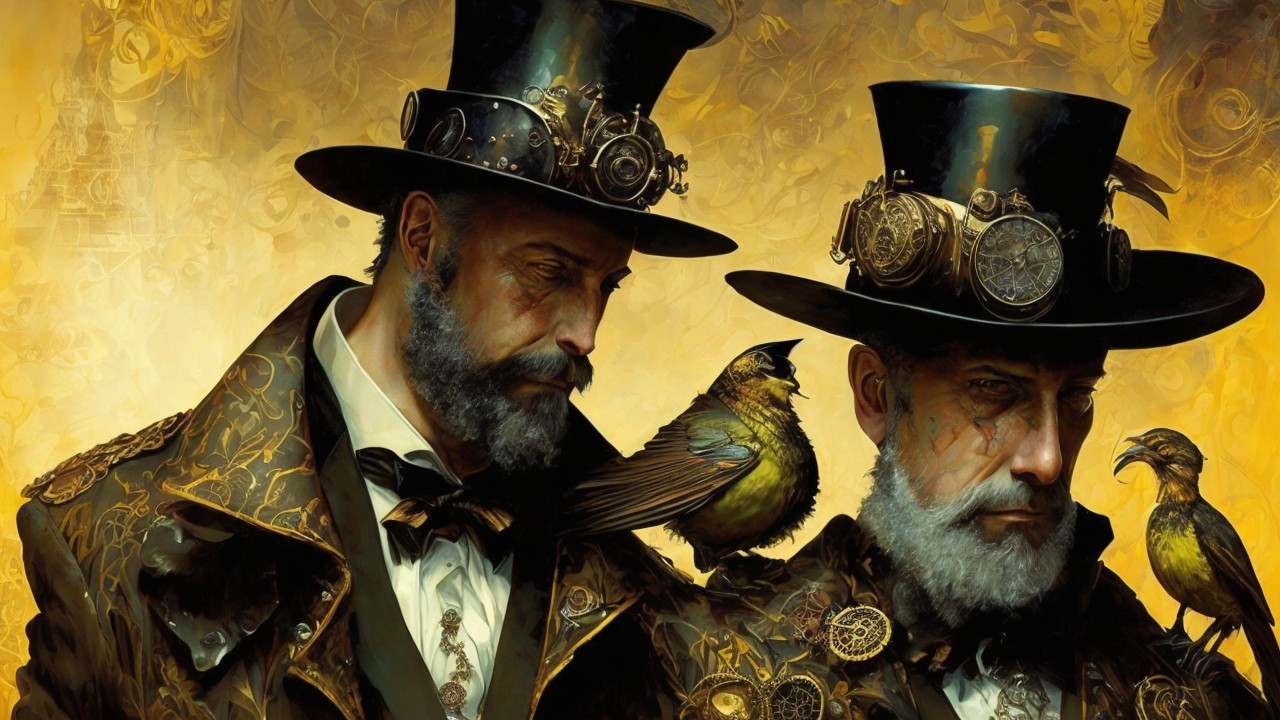 Victorian Steampunk Figures with Gear Motifs and Bird