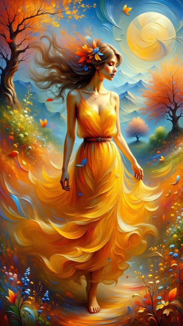 Ethereal Scene of Woman in Yellow Dress in Autumn