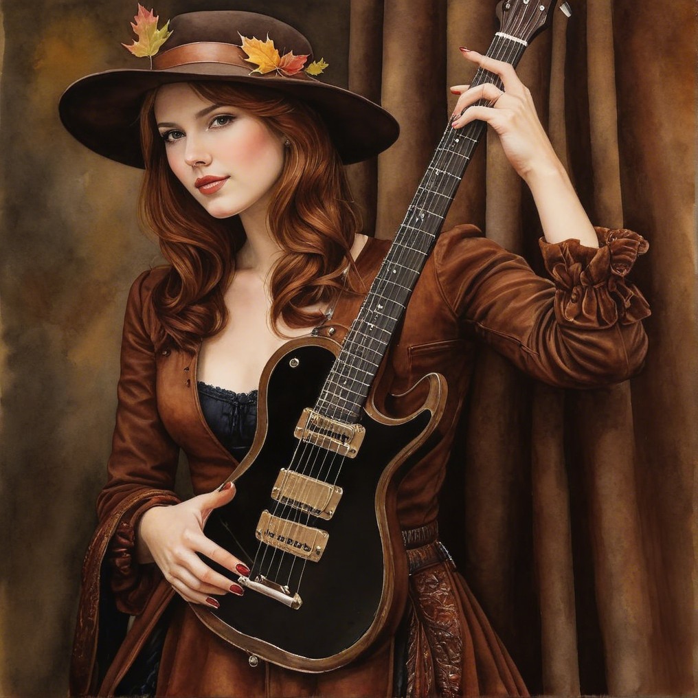 Woman with Red Hair in Vintage Dress and Guitar
