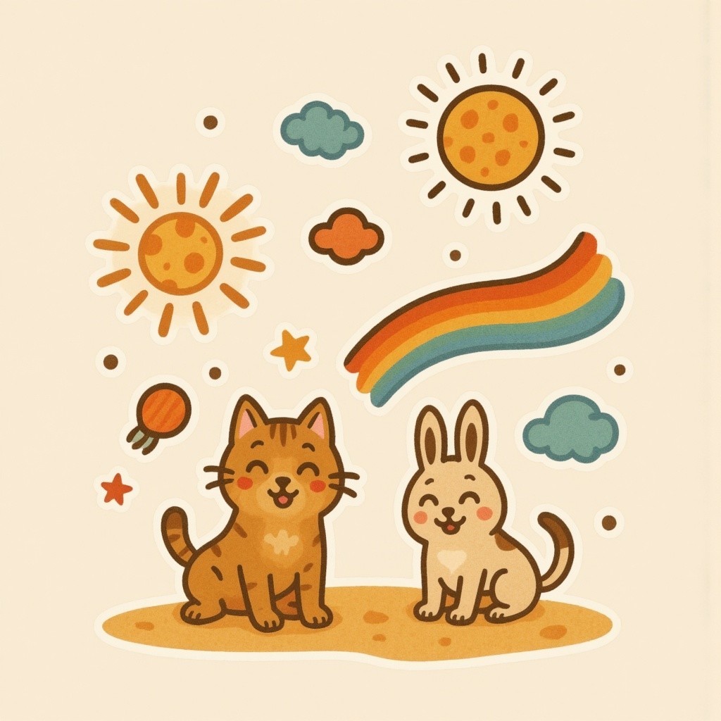 Whimsical Illustration of Cat and Rabbit in Nature